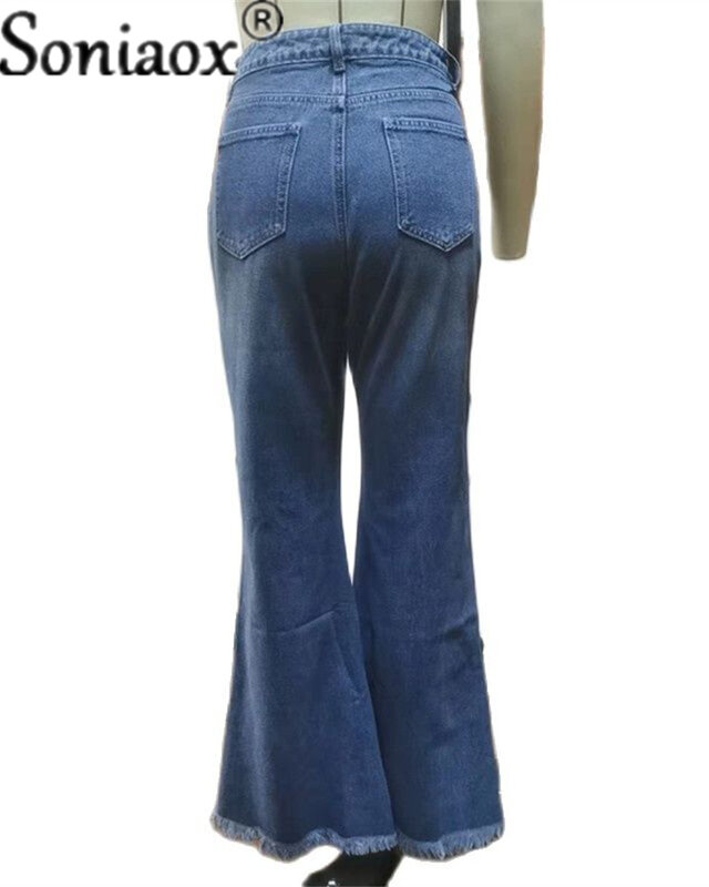 Pantalones vaqueros holgados e informales para mujer, Vaqueros rasgados de pierna ancha y cintura alta, con botones de algodón lavados en color azul, acampanados, Otoño, 2021