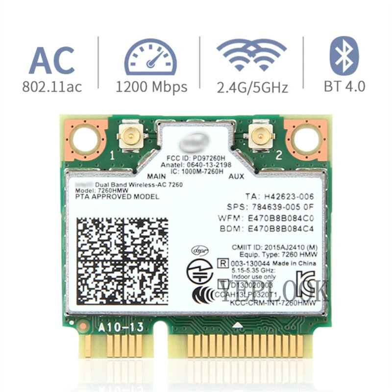 Intel WiFi Card 7260AC Wireless-AC 7260 7260HMW Dual Band 2.4G & 5Ghz 300M+867Mbps 802.11ac/a/b/g BT4.0 Half Mini PCI-E Network