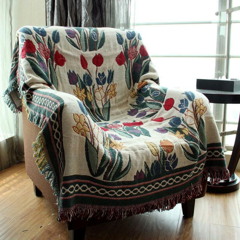Cobertor boêmio espesso com franja, fio de algodão puro, étnico, tribal, capa de sofá, decoração de casa casual