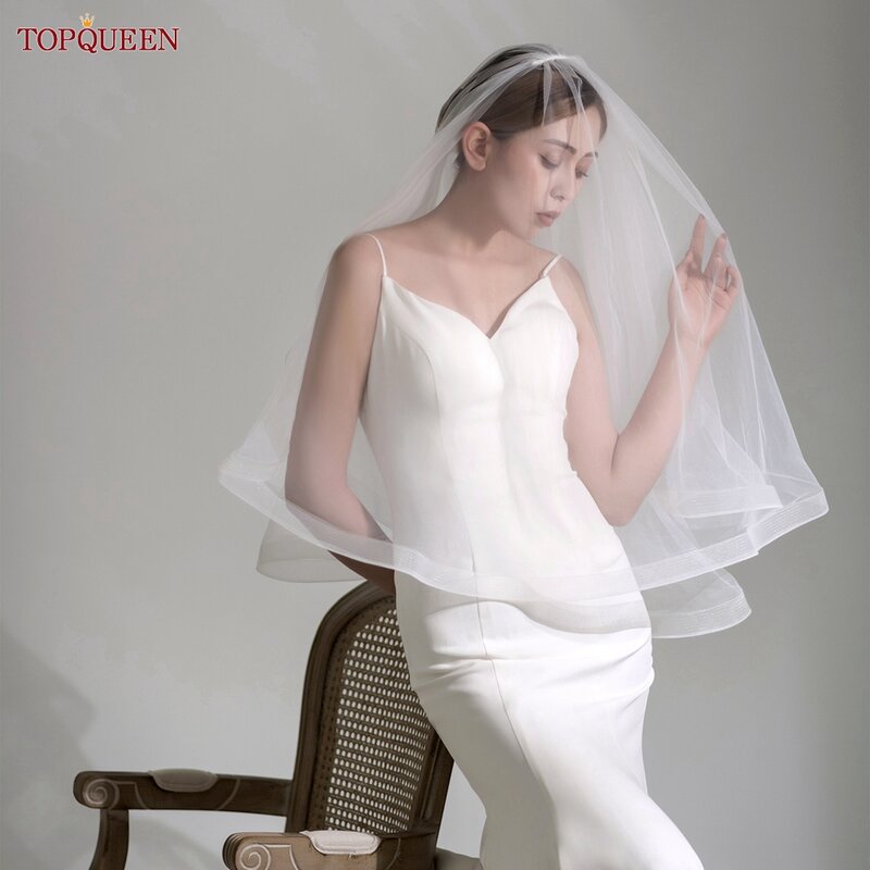 TOPQUEEN-Véus de noiva minimalistas com pente para noiva, dedo véu, vestido véu para noiva, 2 camadas, V69
