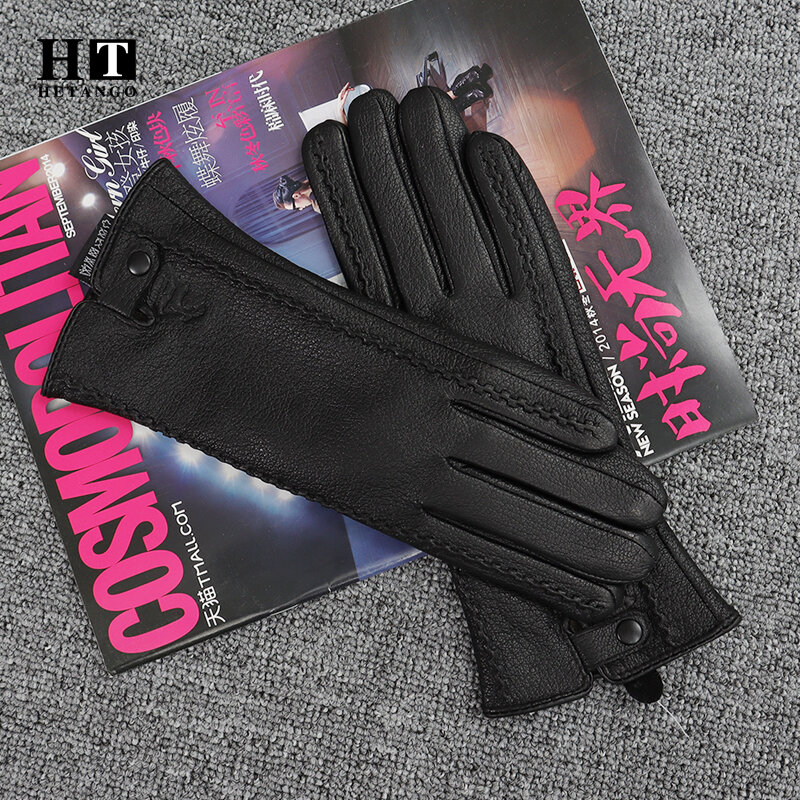 Nowe zimowe rękawiczki damskie skórzane ciepłe miękkie ubrania odporna wełniana podszewka funkcja ekranu dotykowego moda nit zapięcie rękawice Deerskin