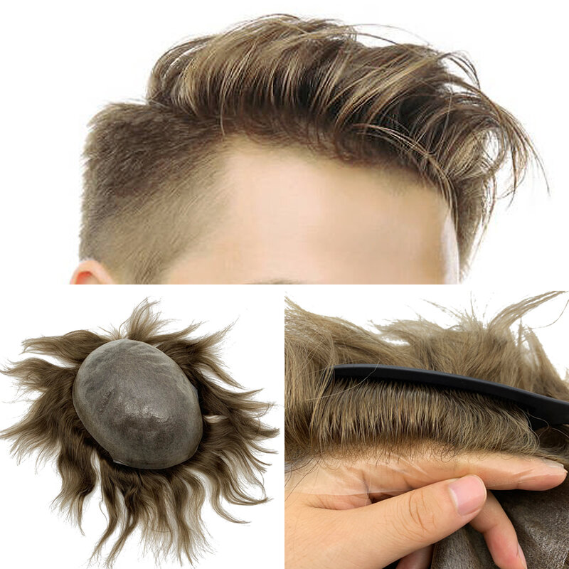 Invisible Knot naturalną linią włosów tupecik dla mężczyzn 100% euro-touch ludzki włos przodu peruka