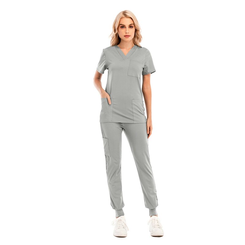 Conjunto de uniforme de enfermera elástico para hombres y mujeres, Tops de manga corta con cuello en V y pantalones, traje de trabajo de enfermería, L * 5