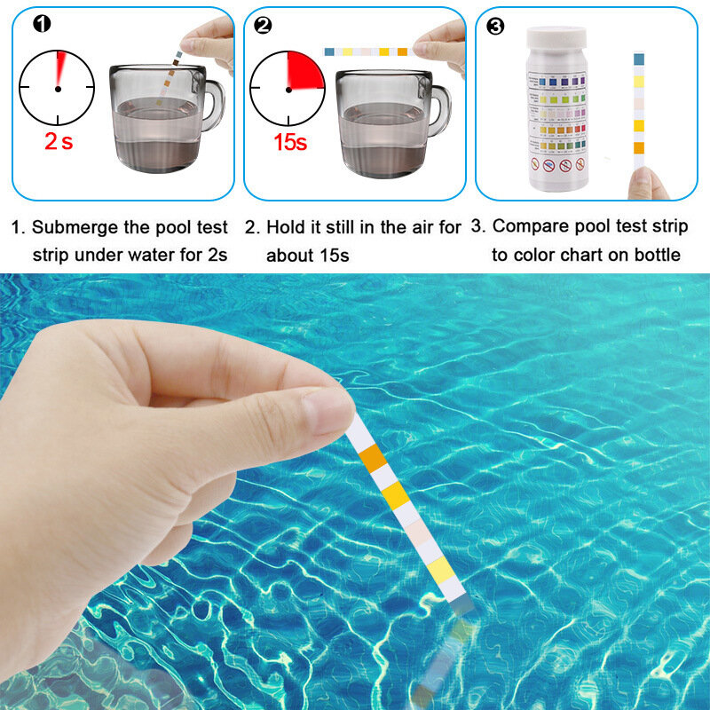 Papel de prueba de calidad del agua para piscina, 3/4/5/6 en 1, cloro Residual, valor de PH, dureza alcalina, tira de prueba, botella, 50 unidades