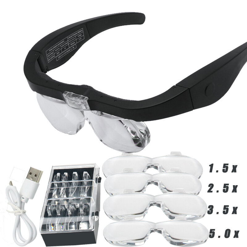 Gafas de aumento 1,5x 2,5x 3,5x 5,0x recargable por USB con luz LED para joyería de lectura relojero REPARACIÓN DE USO