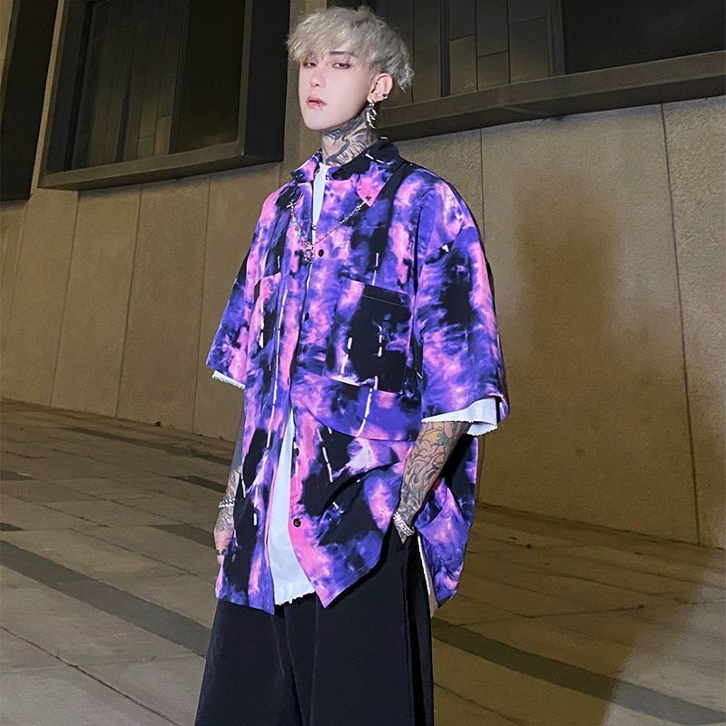 Koszula męska trend fajne punk luźne hip hop pełna druku koszula z rękawami do połowy długości styl Hong Kong miłośników Tie dye bluzka streetwear