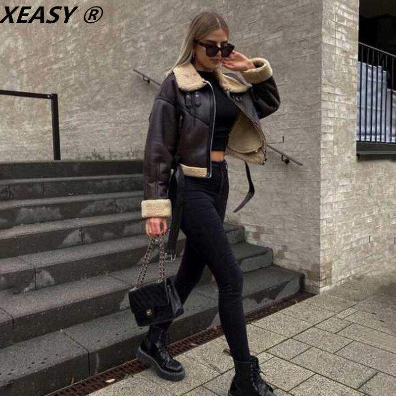 XEASY Women Winter Jacket Coats Woman 2021 Turn-Down Collar Fur And Faux Fur Double-Sided Jackets Women Clothing Casual Jackets