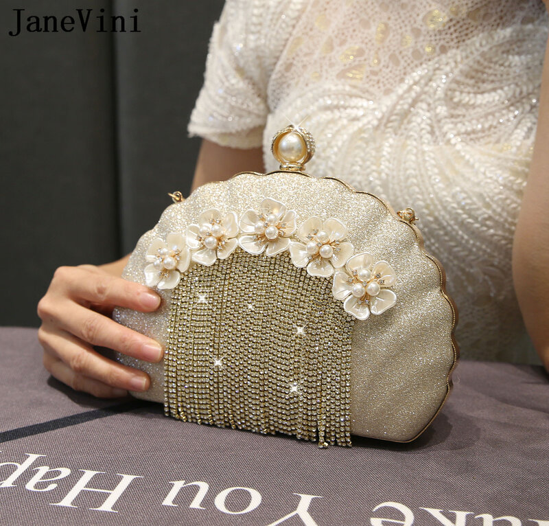 JaneVini luksusowy projektant torba wieczorowa Monedero błyszczące zroszony perła kwiaty panna młoda torebka Messenger torby damskie kopertówka
