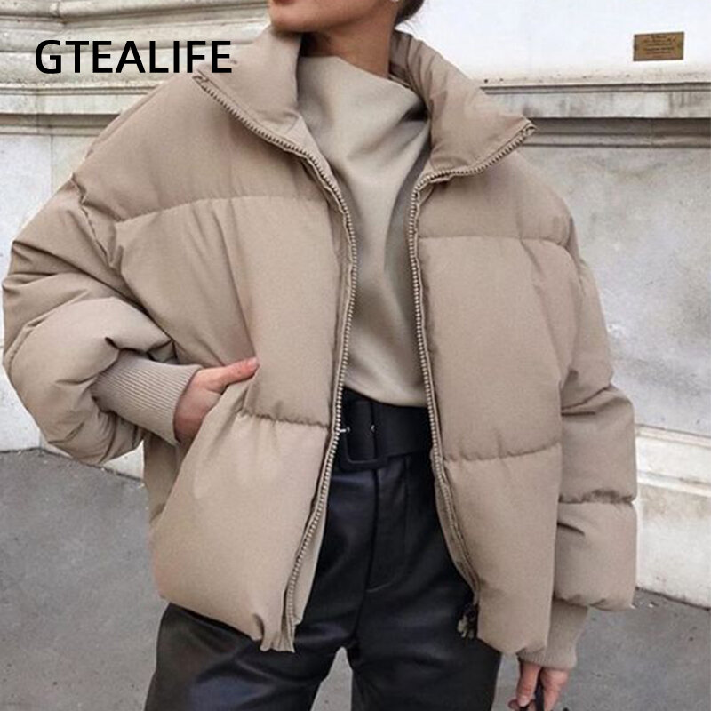 Gtealife 여성용 스탠드 칼라 파카, 두꺼운 따뜻한 겨울 버블 코트, 카키색 재킷, 포켓 지퍼, 간단한 오버코트, 패션