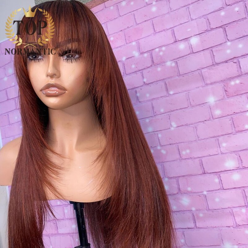 Topnormantic-peluca recta sedosa con flequillo para mujer, cabello humano brasileño Remy con encaje frontal 13x6, Color marrón rojizo