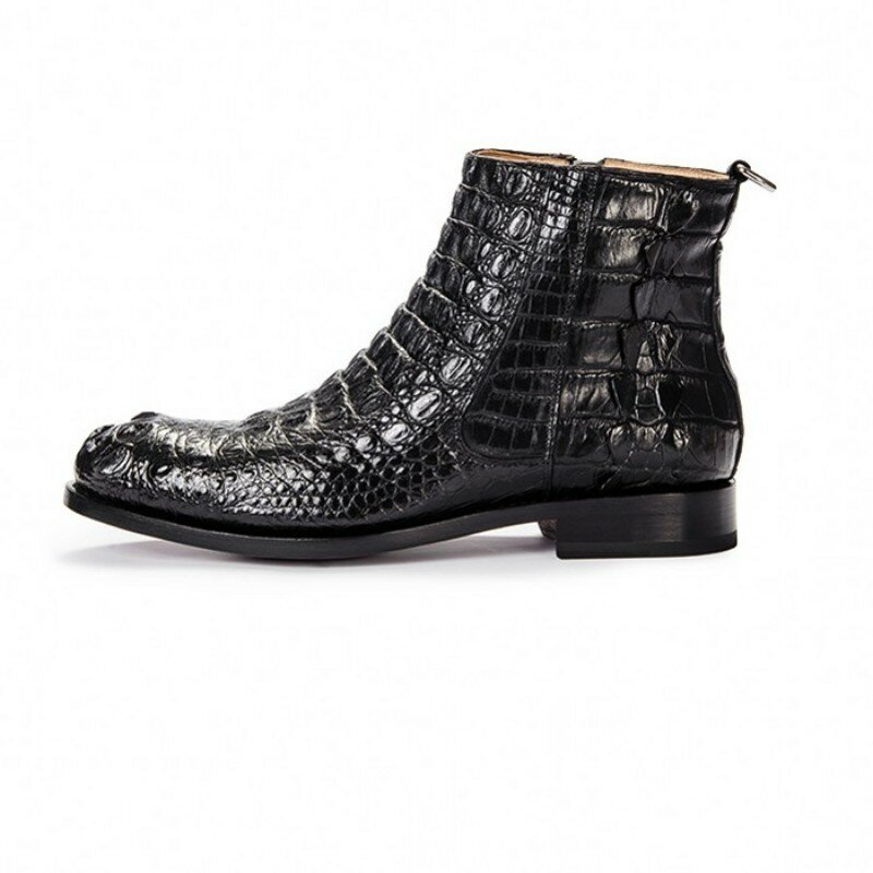 Zapatos de cuero de cocodrilo de lujo para hombre, zapatos formales británicos de alta calidad, punta redonda, cremallera, botines de oficina de cuero genuino negro, 38-44