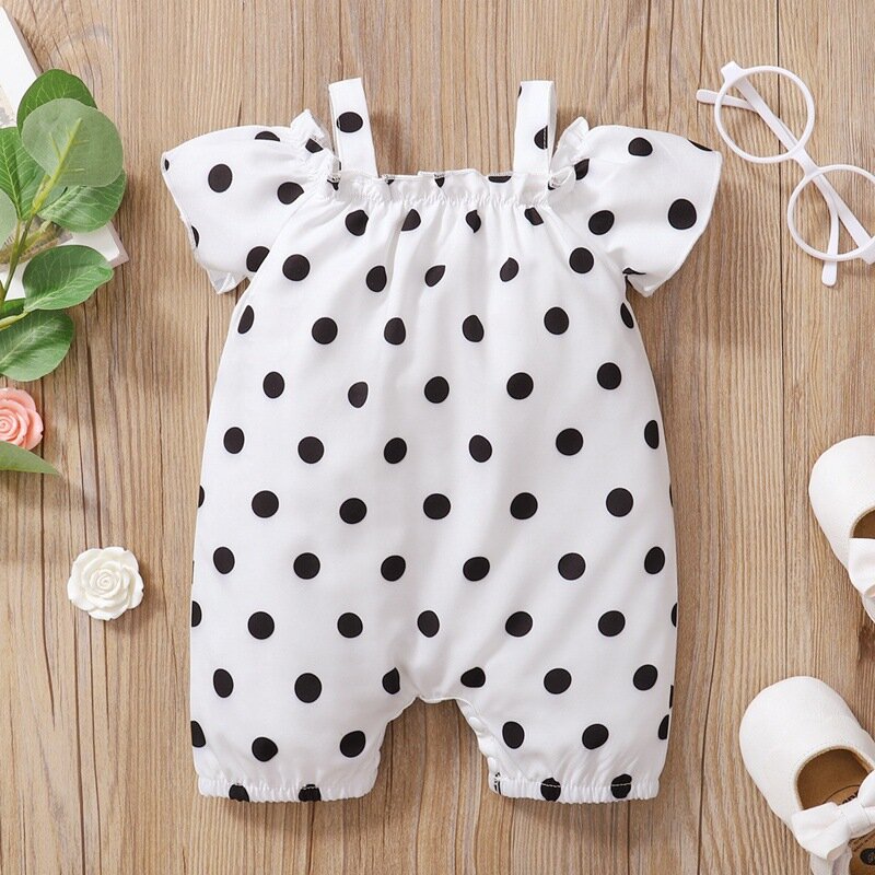 สายคล้องปาเก็ตตี้เด็กผู้หญิง Polka Dot พิมพ์ Romper Jumpsuits เสื้อผ้าเด็กฤดูร้อน Ruffle ทารก Playsuit ทารกแรกเกิด Romper ...