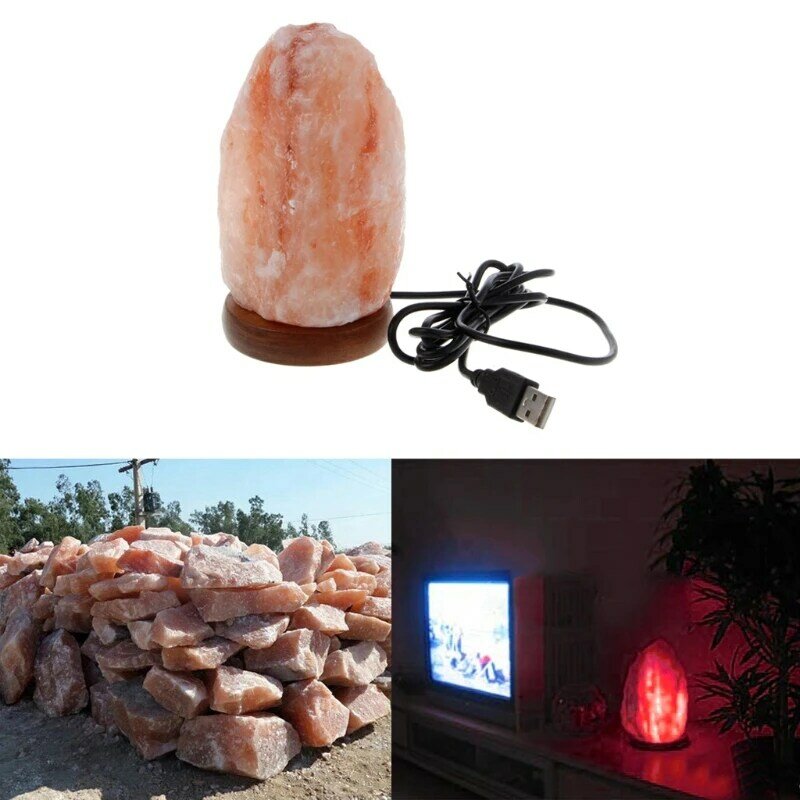 Mão esculpida USB Base de madeira Himalayan Rock Salt Lamp, Purificador de ar, Luz noturna, Decoração do quarto, Decoração para casa