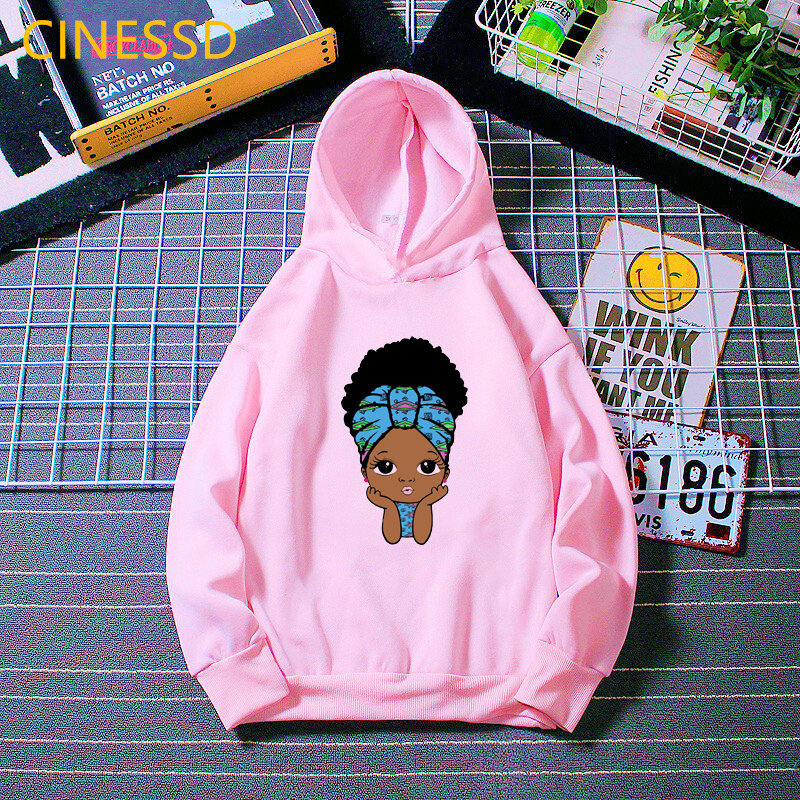 Little melanin queen cute african american black girl print sweatshirt for children kids cap hoodies plus velvet thick clothes
