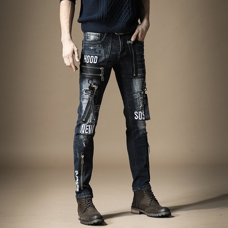 Freies Verschiffen Neue 2020 männer der männlichen jeans marke schlank Europäischen flut marke Schlanke loch metall punk stil hip hop denim hose hosen