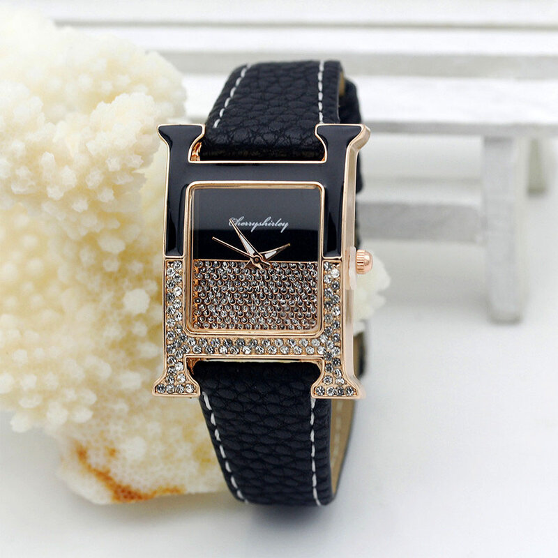 Casual หญิงสแควร์รูปนาฬิกาข้อมือหนัง Rhinestone สุภาพสตรีนาฬิกาผู้หญิงหรูหราควอตซ์นาฬิกาคริสตัล
