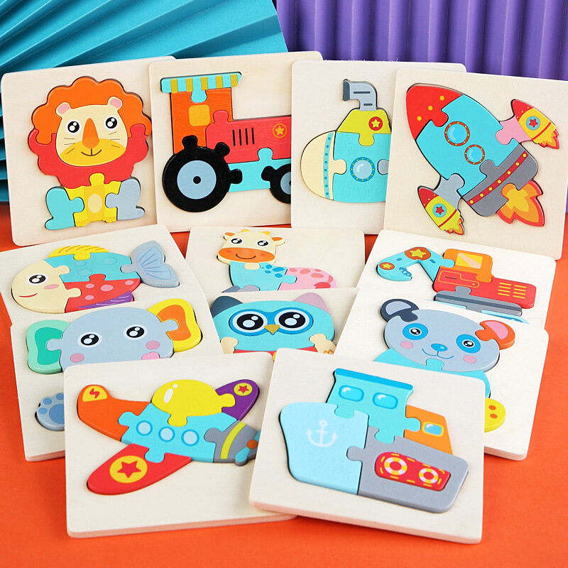 Kids Wooden Toys 3D Wood Puzzle Cartoon Animals Cognitive Jigsaw Puzzle Early Learning Educational Toys For Children Gift