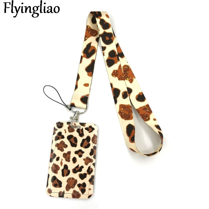 Pink Leopard Pattern Lanyard Credit Card ID Holder Bag Student Women Travel Card Cover Badge Car Keychain Decorations