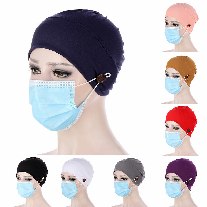 Women Muslim Turban Head Wrap Hat With Button Headwear Headscarf Bonnet Inner Hijabs Cap Muslim Hijab Chemo Hats Turbantes Caps