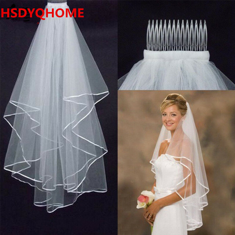 Velo de novia corto de dos capas de tul blanco, borde de cinta, accesorios de boda