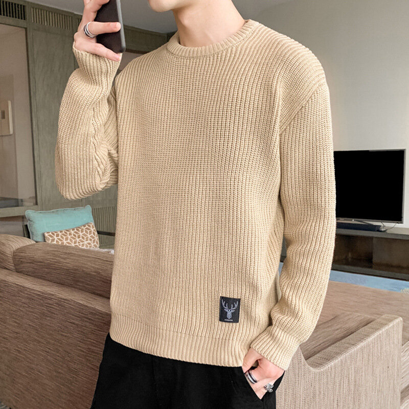 906-1 Men's Knitting Sweater Korean Style Trendy Streetwear Warm Thick Casual Loose O-Neck Pullover Knitwear Youth Couple Tops