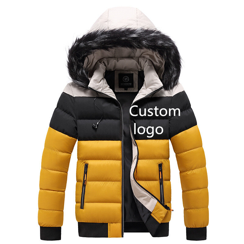 Chaqueta de invierno de alta calidad para hombre, abrigo con logo personalizado, parka con Cuello de piel de bloque de Color, top de chaqueta con capucha, 2021
