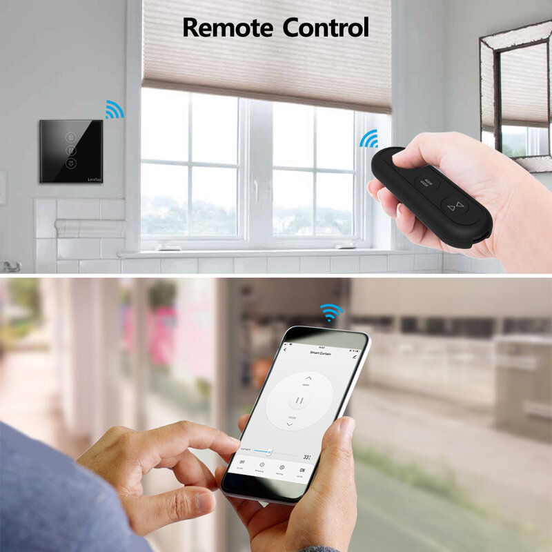 QCSMART Tuya 4th Generation Black Curtain Switch and Remote for Roller Shutter Blinds Control via Google Home Alexa Smart Life