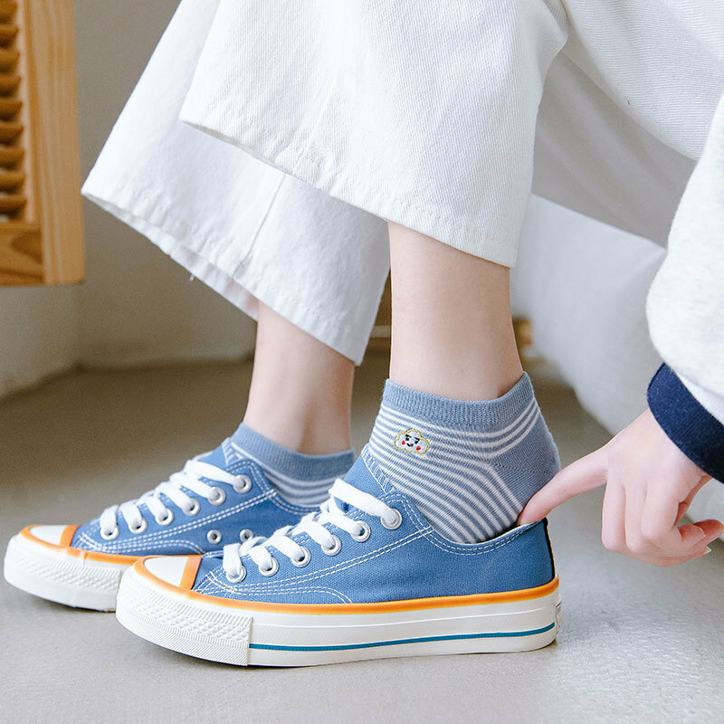 Spring And Summer Women Fashion Cotton Socks Boat Colorful Stripe Girl's Shallow Mouth Short Heel Socks Noble Cartoon Embroidery