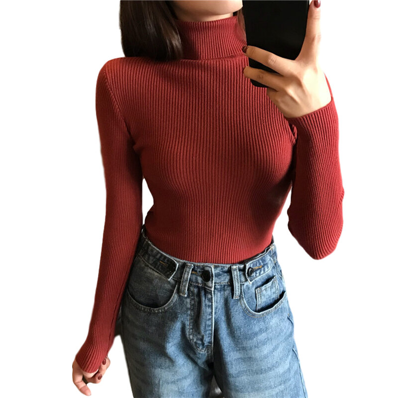 Women Sweaters Solid Slim Turtleneck Long Sleeve Basic Pullover Jumper Female Fashion Autumn Winter Warm Korean Sweaters 2020