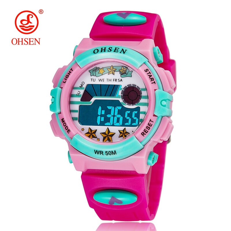 OHSEN-relojes deportivos para niños y niñas, pulsera Digital de dibujos animados rojos, resistente al agua hasta 50M, cronómetro electrónico LED