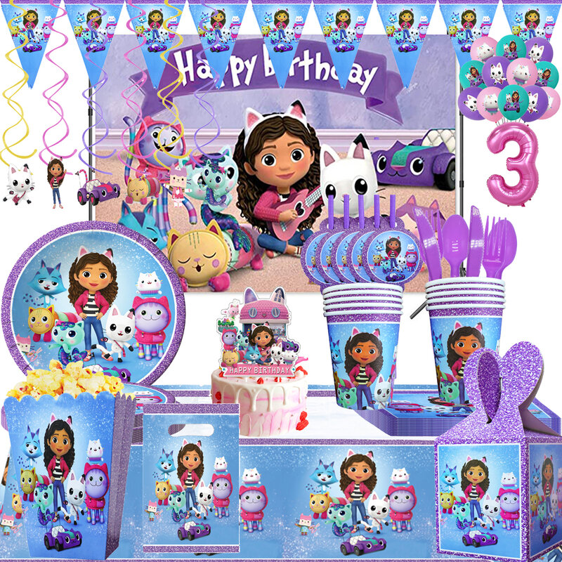 Décoration de maison de poupée Gabby chats, ballons, vaisselle jetable, arrière-plan pour enfants, fournitures de fête