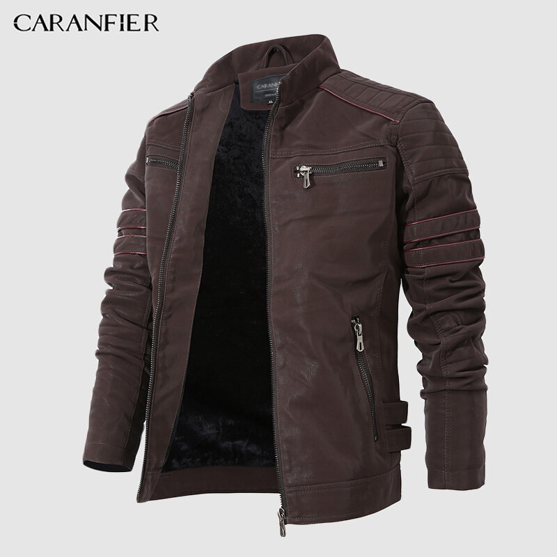 CARANFIER Fashion Winter Leather Jacket Men Stand Collar Motorcycle Washed Retro Velour Leather Jacket European Size Mens Coats