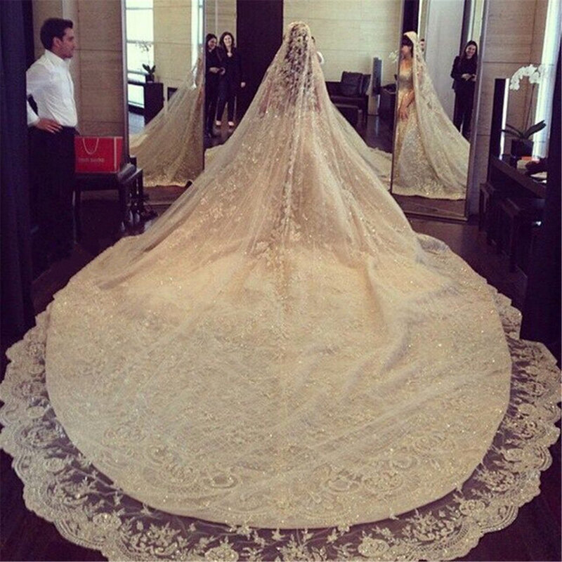 Hot Luxury Wedding Veils Custom One Layer Shining Crystals Beading Wedding Veil Long Lace Appliques Bridal Veils With Comb