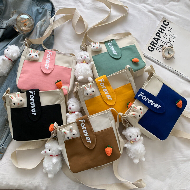 女性のための小さなキャンバスのハンドバッグ,韓国のファッションスタイルのキャンバス,かわいい,ウサギ,斜めのショルダーストラップ,単色,正方形のバッグ