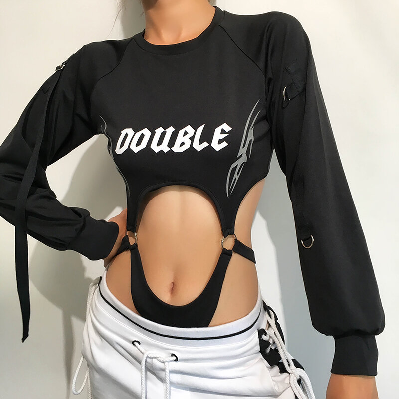 Reflective Black Sexy Bodysuit Hollow Out Long Sleeve Ladies Jumpsuits Autumn Harajuku Backless Body Women Streetwear