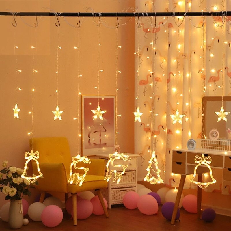 Campane a LED, alci, stelle e luna, luci di stringa di ghirlande di natale, matrimoni in famiglia all'aperto e decorazioni di capodanno