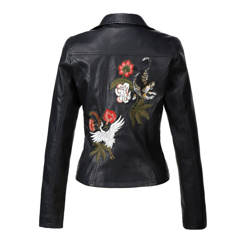 Jaqueta de couro PU bordado flores femininas, casacos motociclista preto, gola virada para baixo, Tops com zíper rebite, roupas de outono