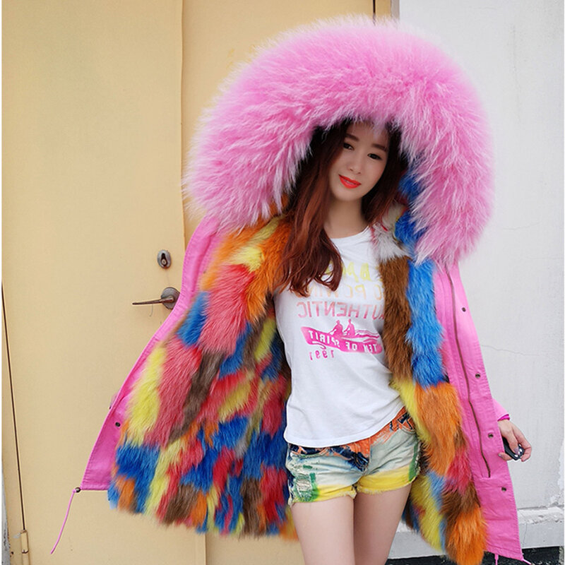 MAOMAOKONG 여성용 천연 리얼 여우 모피 재킷, 후드 파카, 겨울 따뜻한 코트, 뮬러 파카, 신제품