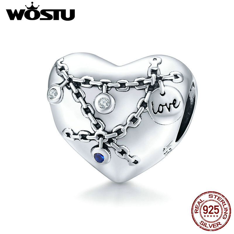 WOSTUล็อคหัวใจลูกปัด 100% 925 Sterling Silver Love LOCK CharmเดิมCharmsสร้อยข้อมือDIYเครื่องประดับทำCQC1538