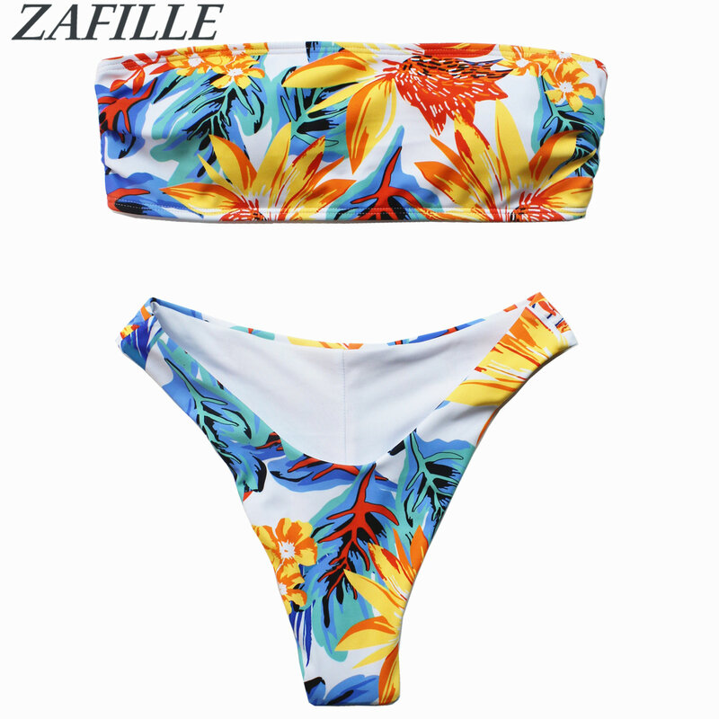 ZAFILLE 2020 NEW Women Bikini Cover Up Set Bandeau Printed Summer Beachwear Female Tube Swimsuit Women Sexy Brazilian Swimwear
