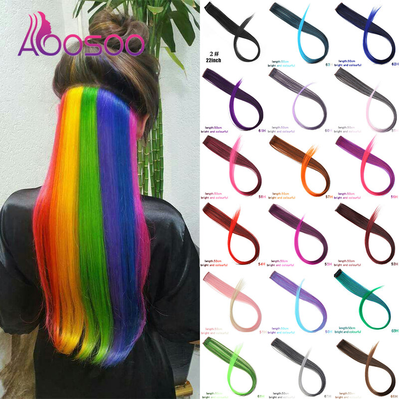 AOOSOO-extensiones de cabello con rayas de arcoíris, color sintético rosa, clip de extensión de cabello, extensiones de cabello liso, pinzas para el cabello