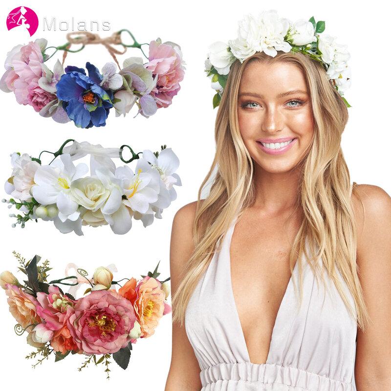 Molans 2021 Bohemian Flower Crowns Beach Hawaii Floral Garland Faux Rose Bride Wedding Wreaths Flower Headband Hair Accessories
