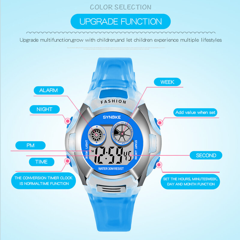 SYNOKE-reloj Digital Led luminoso para niños, pulsera deportiva resistente al agua, multifuncional, electrónico