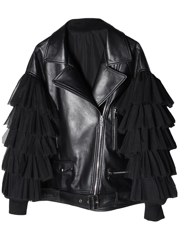 Lautaro jesień krótki czarny ponadgabarytowa koronkowa patchworkowa skórzana kurtka motocyklowa z długim rękawem luźna odzież damska modna odzież wierzchnia
