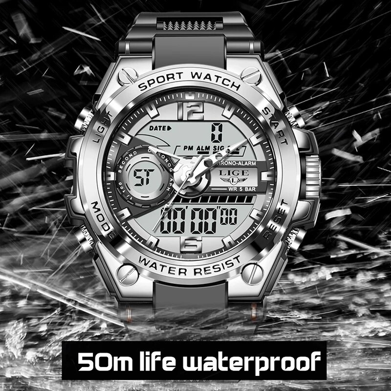 ساعة كوارتز رقمية للرجال من LIGE-Men ، ساعات غوص إبداعية ، منبه مقاوم للماء ، شاشة مزدوجة ، رياضة ،