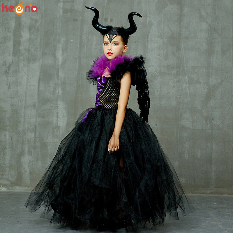 Böse Königin Schwarz Halloween Kostüm Mädchen Kleid Tutu Kleid mit Horn Flügel Gothic Vampire Hexe Kinder Karneval Party Phantasie Kleid