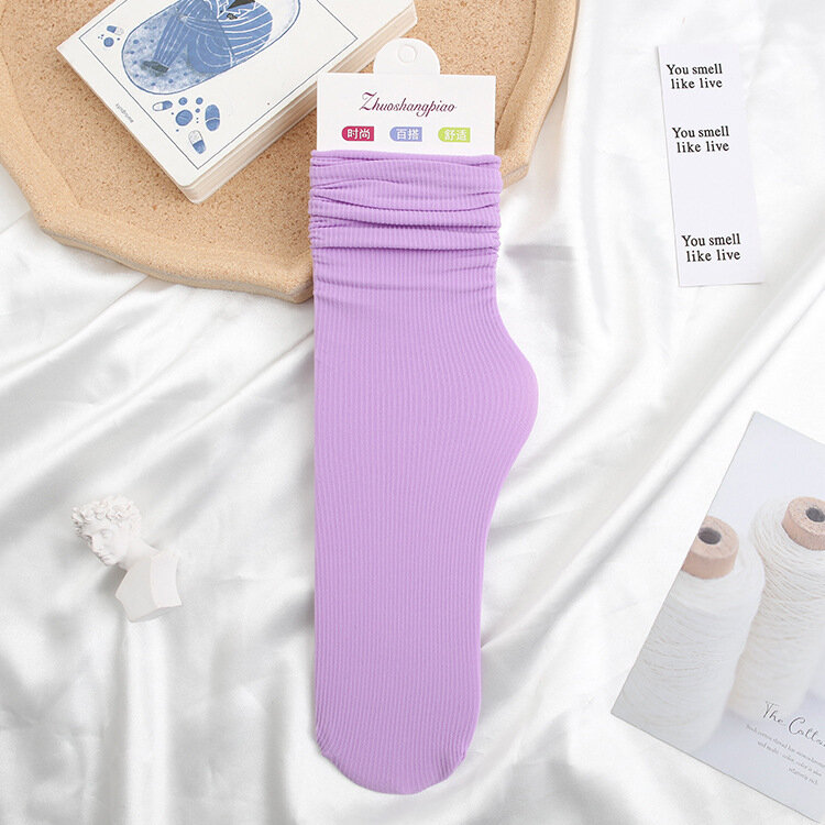 2 Pair Spring and Summer Pregnant Women Ladies Pure Color Velvet Wild Tube Socks Ice Silk Ice Socks Thin Breathable Socks