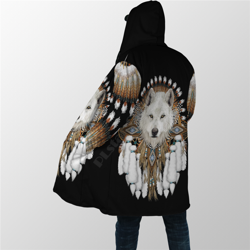 Capa con capucha para hombre y mujer, abrigo con estampado 3D de lobo nativo, rompevientos de lana, cálido, invierno