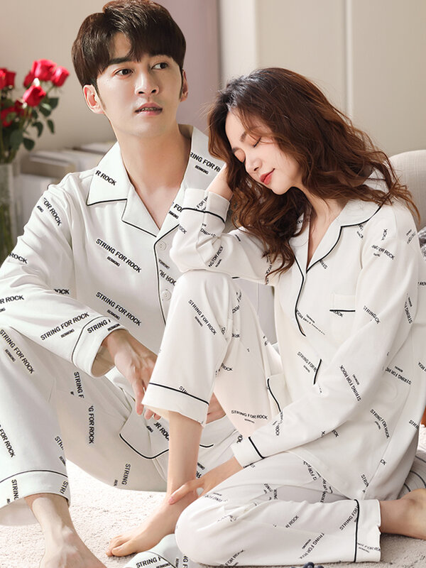 Otoño Invierno algodón juego par de pijamas de los hombres ropa de dormir de las mujeres Homewear dormitorio blanco carta pijama de hombre PJ par pijama