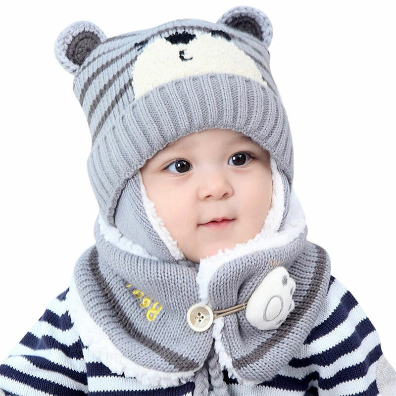 Unisex Cartoon Bear Stripe Chapéus e cachecol para crianças, Baby Cap Set, Criança Inverno Earmuffs Hat, terno quente, menina, menino, criança